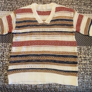 Womens Striped V-Neck Open Knit Sweater - Cream, Rust & Navy